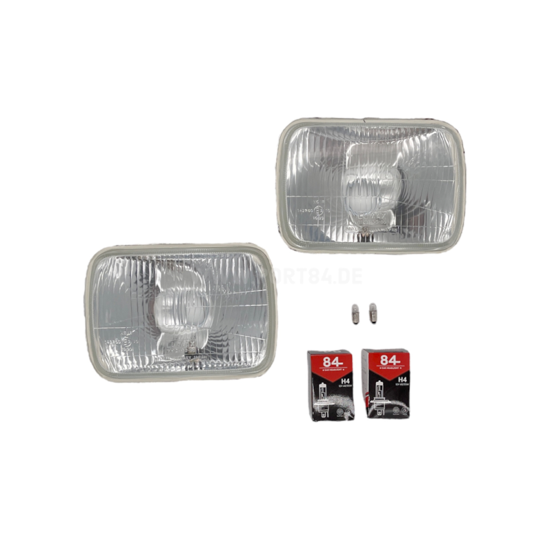 VW Golf 2 US Westmoreland Headlights with E-Mark, including 2 H4 headlights, parking light sockets, and bulbs.