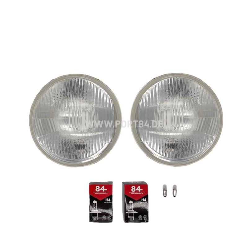 Volvo P1800 P1900 headlight set with E-mark, TÜV-approved, includes two H4 headlights with parking light sockets and bulbs