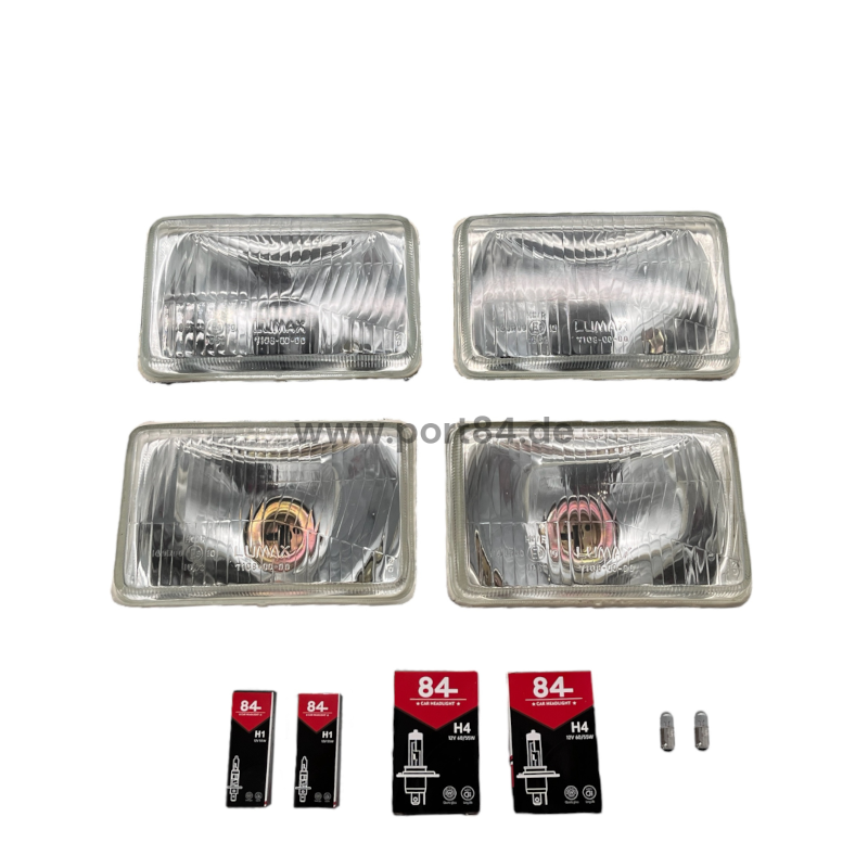 Headlight set for Toyota Supra Celica MA XX with EU E-marking for Japan conversion, including 2 H4 headlights with parking light socket, 2 H1 headlights, new with bulbs and TÜV approved.