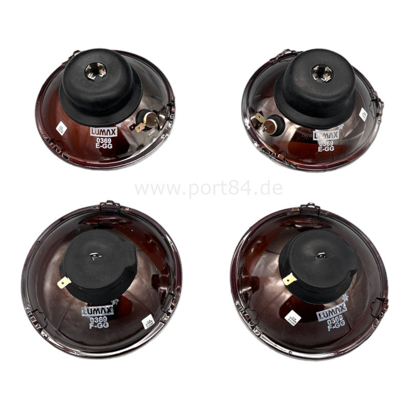 Set of four Toyota Hiace H10 headlights with EU E-mark certification for Japan conversion, includes 2x H4 and 2x H1 new headlights with stand light sockets.