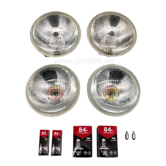 Set of four round headlamps for Pontiac Grand Parisienne and Strato (1962 - 1972), includes 2 H4 and 2 H1 headlamps, E-mark certified, with light bulbs and packaging displayed.