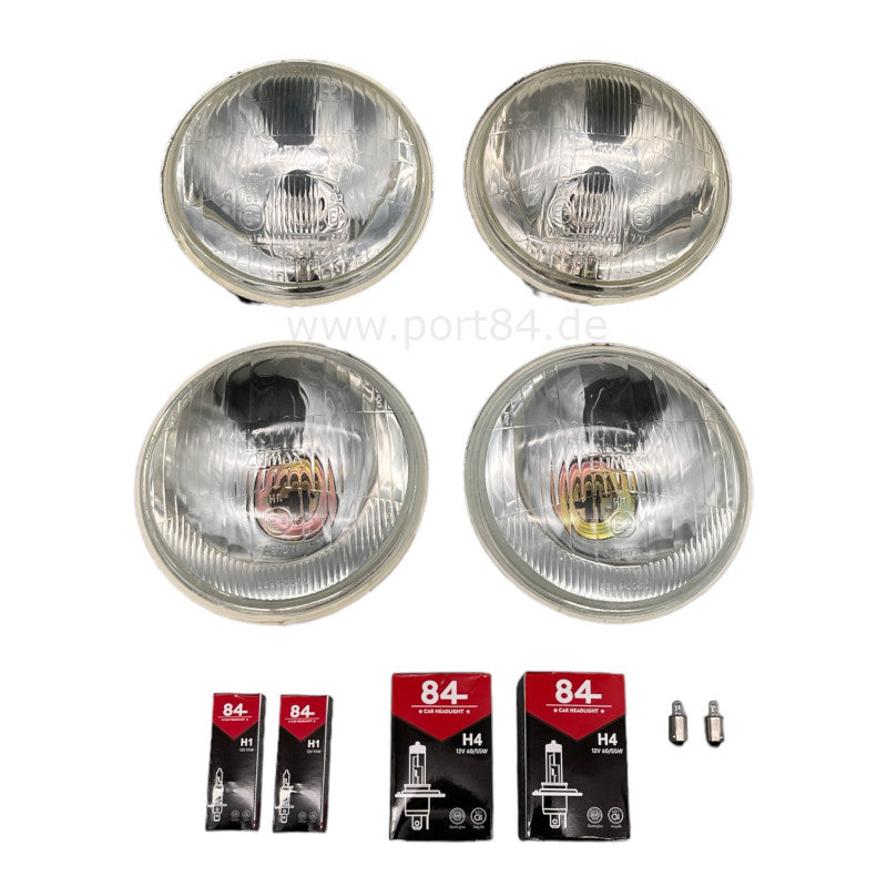 VW Golf 3 Jetta 3 Vento Votex front headlights set with EU E-mark, 2x H4 headlights with parking light holder, compatible with VW Golf III, VW Vento, and VW Jetta III, product image showing four round headlights and included accessories.